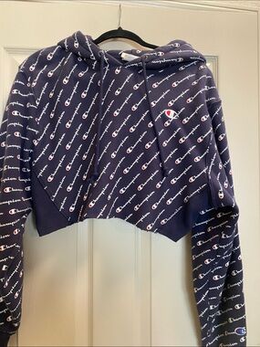 Champion Navy Allover Logo Cropped Hoodie
